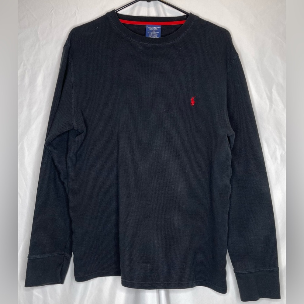 Polo Ralph Lauren Black Waffle Knit Red Pony Long Sleeve Shirt Top L